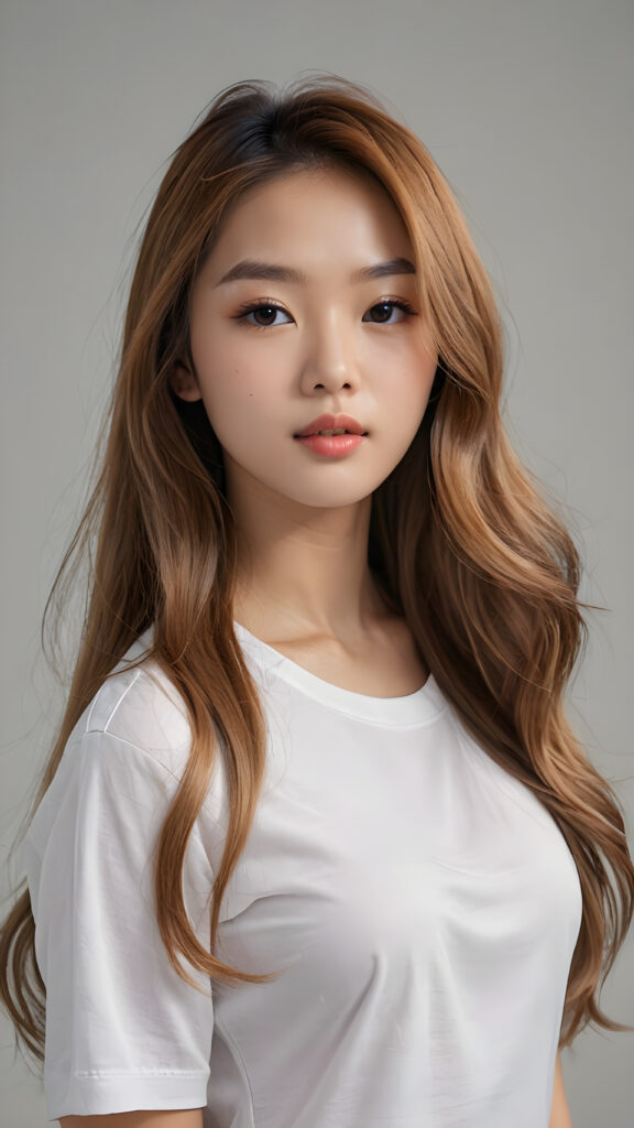 a realistic and detailed photo from a (((gorgeous stunning cute young perfectly curved Korean teen model girl))), with (((light brown-blonde very long soft jet hair))), featuring (((full lips))), and a (((small flawless round face))), wears a white thin short cropped t-shirt, ((grey background))