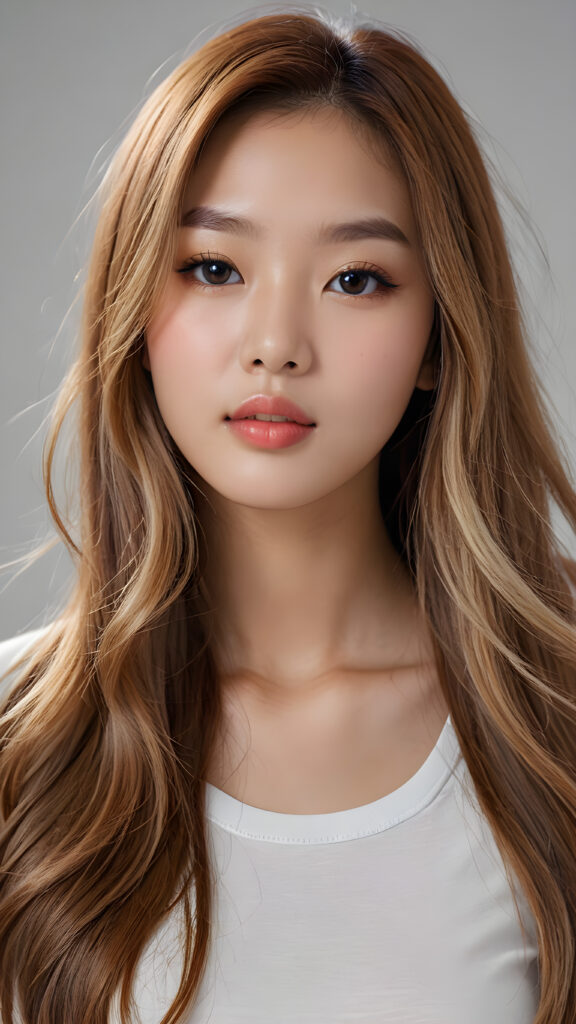 a realistic and detailed photo from a (((gorgeous stunning cute young perfectly curved Korean teen model girl))), with (((light brown-blonde very long soft jet hair))), featuring (((full lips))), and a (((small flawless round face))), wears a white thin short cropped t-shirt, ((grey background))