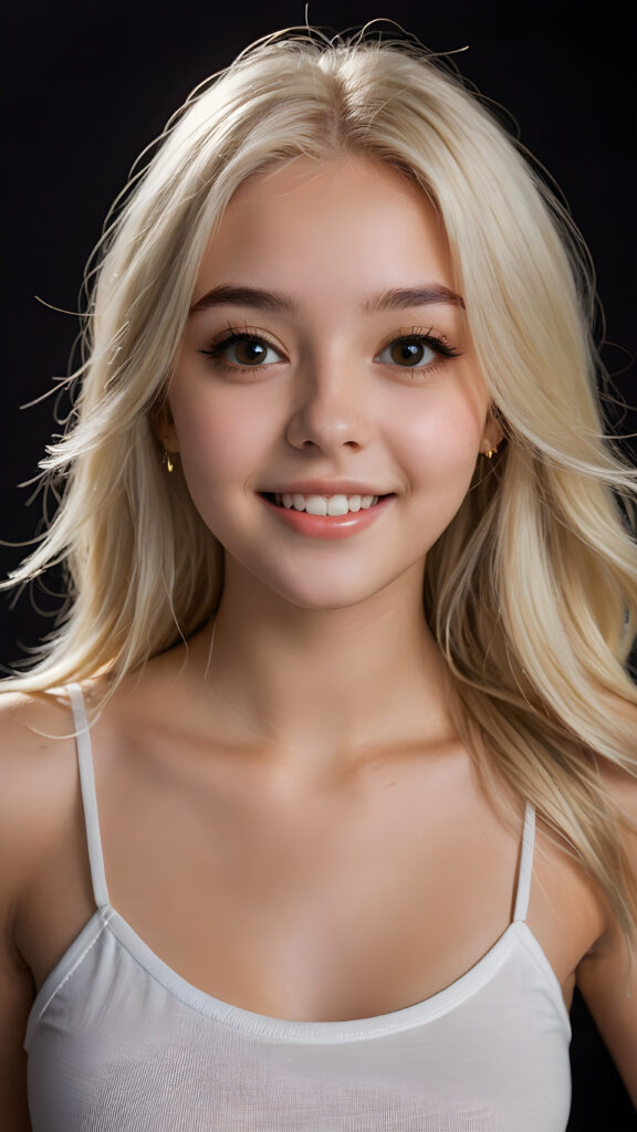 a realistic and detailed picture of my young daughter, 17 years old, short crop top, ((angelic round face, dark eyes)), ((soft long straight jet platinum-blonde hair)), full lips, in a (((carefree, happy expression))), surrounded by an air of exuberance and vivacity against a ((black backdrop)) ((perfect light and shadows))