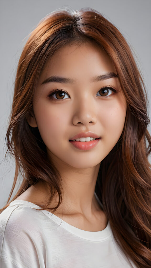 a realistic and detailed photo from a (((gorgeous stunning cute little perfectly curved Asian teenage girl, 13 years old))), looks seductive, slightly open mouth, full lips, white teeth, with (((light auburn-red very long soft jet hair))), featuring (((light amber eyes))), and a (((small flawless round face))), wears a white thin short cropped spaghetti t-shirt, ((grey background)) ((full-body)) ((side view))