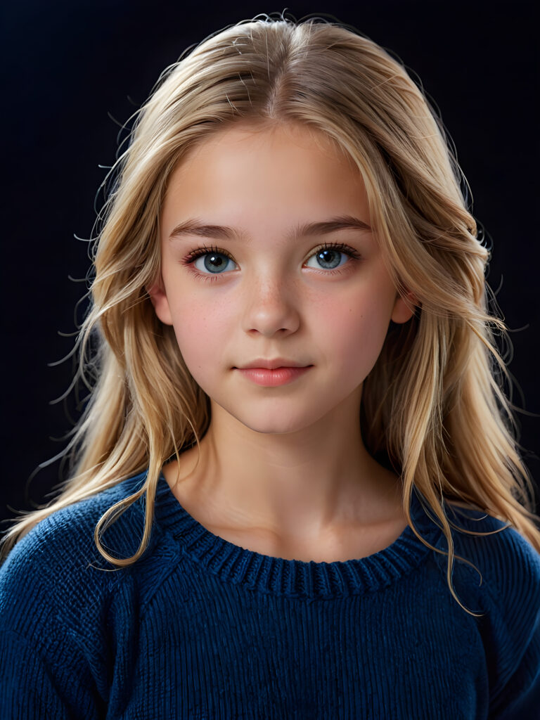 a realistic and detailed, dynamic photography of beautiful young ((teen girl, 13 years old)), with detailed straight soft blond hair, realistic and detailed eyes, looking into the camera, dynamic cinematic lights, perfect detailed round face, side view, wears a fine wool sweater in blue, ((upper body)), ((cute)), ((stunning)) ((dark background))