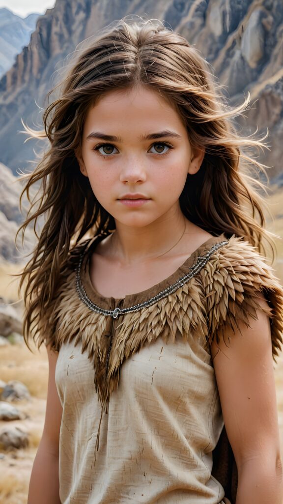 a realistic and detailed pencil drawing of a young teen girl from the period 20000 BC, straight messy hair, wears clothes made of animal fur and skin ((stunning)) ((gorgeous)) ((empty background))