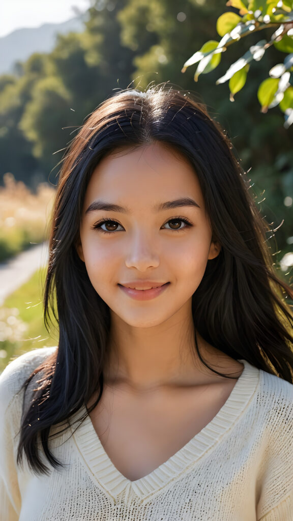 a realistic and detailed picture of my young Exotic daughter, 14 years old, in a plunge neck wool sweater, ((angelic round face)), ((soft long straight jet black hair)) in a (((carefree, happy expression))), surrounded by an air of exuberance and vivacity against a ((natural, sunny backdrop)) ((perfect light and shadows))