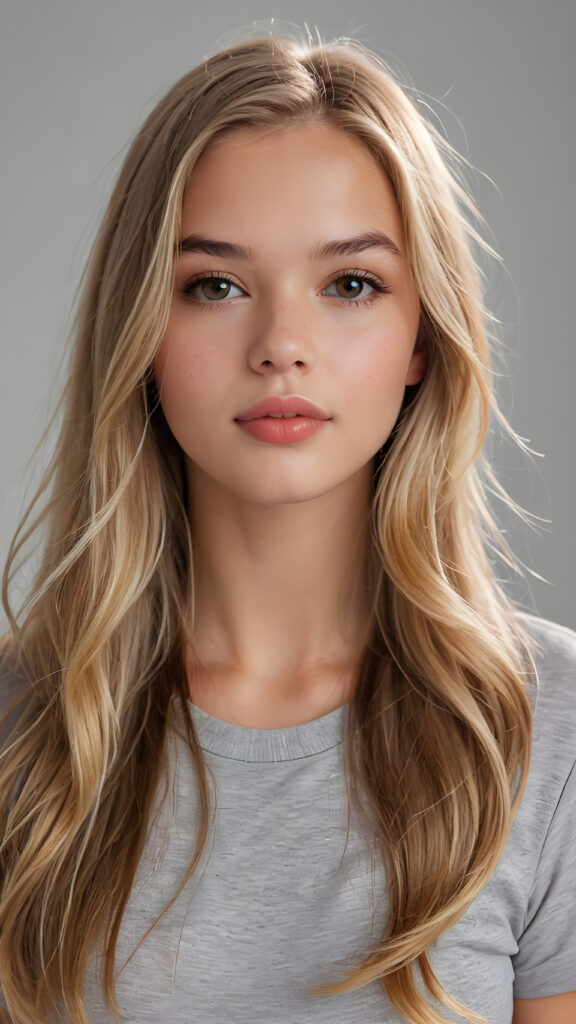 a realistic and detailed photo from a (((gorgeous stunning cute young perfectly curved american teenage girl))), with (((light brown-blonde very long soft jet hair))), featuring (((full lips))), and a (((small flawless round face))), wears a white thin short cropped t-shirt, ((grey background))