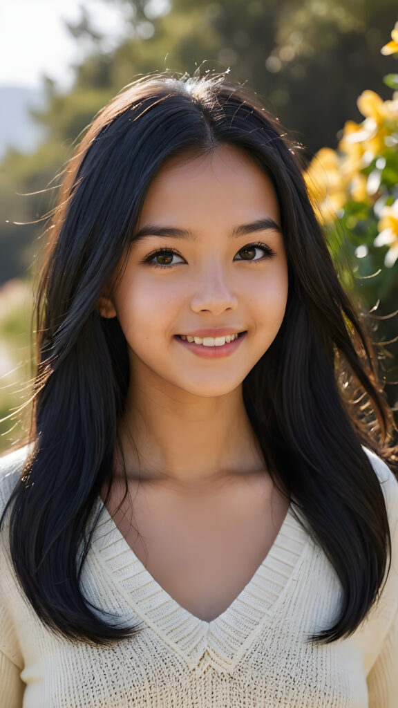 a realistic and detailed picture of my young Exotic daughter, 14 years old, in a plunge neck wool sweater, ((angelic round face)), ((soft long straight jet black hair)) in a (((carefree, happy expression))), surrounded by an air of exuberance and vivacity against a ((natural, sunny backdrop)) ((perfect light and shadows))