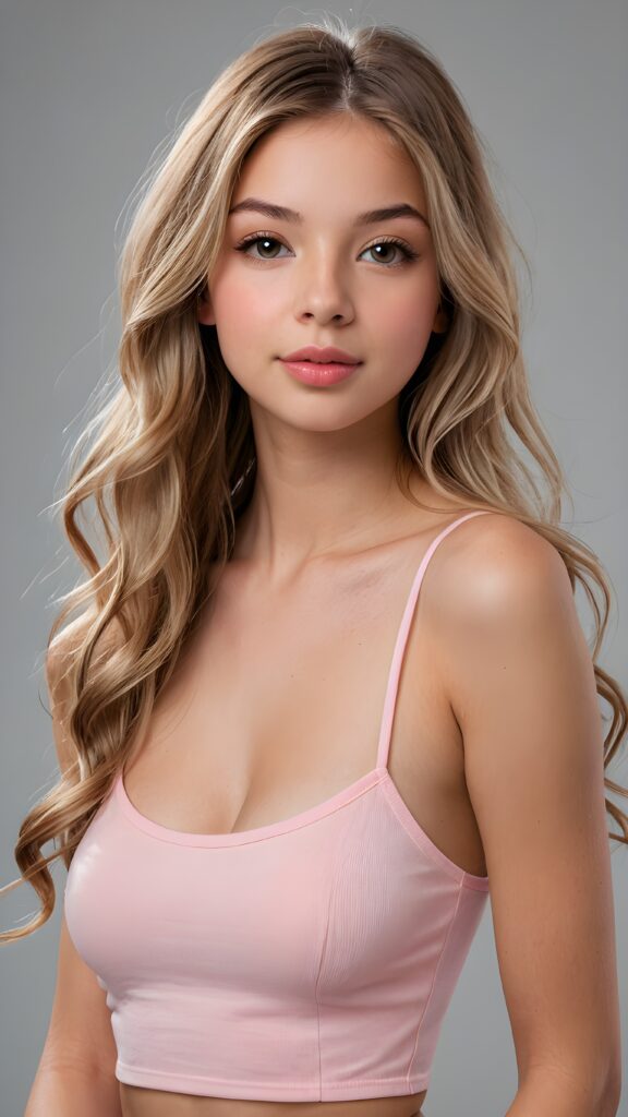 a realistic and detailed photo from a (((gorgeous stunning cute young perfectly curved teen model girl, thin spaghetti cropped light-pink tank top))), 15 years old, with (((light brown very long soft jet hair))), featuring (((full lips))), and a (((small flawless round face))) ((grey background))