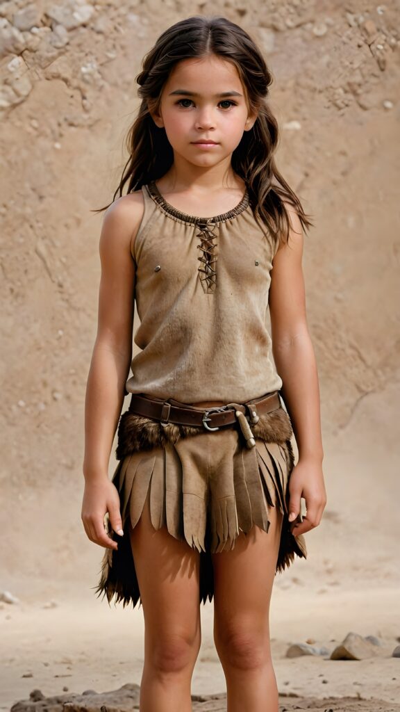 a realistic and detailed portrait of a young teen girl from the period 20000 BC, wears thin clothes made of animal fur and skin ((stunning)) ((gorgeous)) ((full body)) ((empty background))