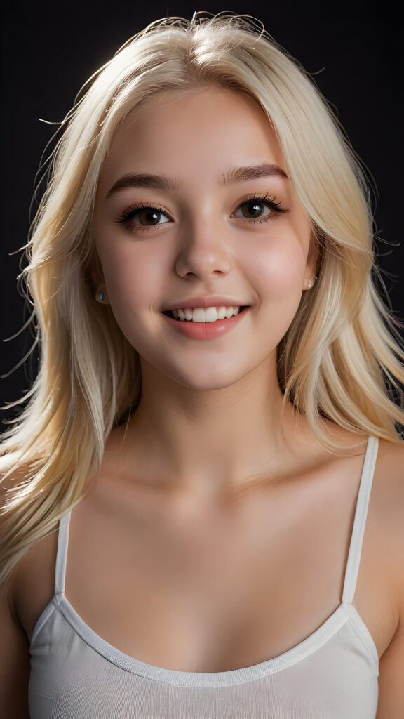 a realistic and detailed picture of my young daughter, 17 years old, short crop top, ((angelic round face, dark eyes)), ((soft long straight jet platinum-blonde hair)), full lips, in a (((carefree, happy expression))), surrounded by an air of exuberance and vivacity against a ((black backdrop)) ((perfect light and shadows))