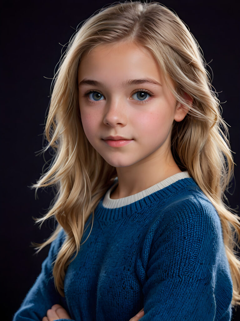 a realistic and detailed, dynamic photography of beautiful young ((teen girl, 13 years old)), with detailed straight soft blond hair, realistic and detailed eyes, looking into the camera, dynamic cinematic lights, perfect detailed round face, side view, wears a fine wool sweater in blue, ((upper body)), ((cute)), ((stunning)) ((dark background))