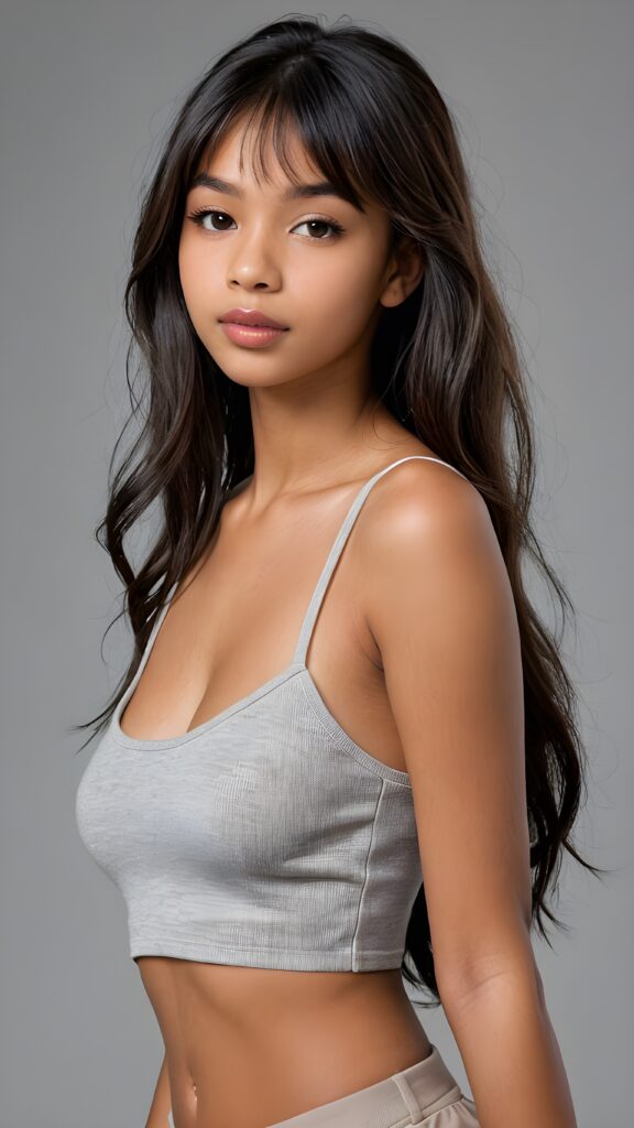 a realistic and detailed photo from a brown-skinned (((gorgeous stunning cute young perfectly curved Exotic teen model girl, thin spaghetti cropped light-grey tank top))), 15 years old, with (((light brown-black very long soft jet hair, bangs))), featuring (((full lips))), and a (((small flawless round face))) ((grey background))