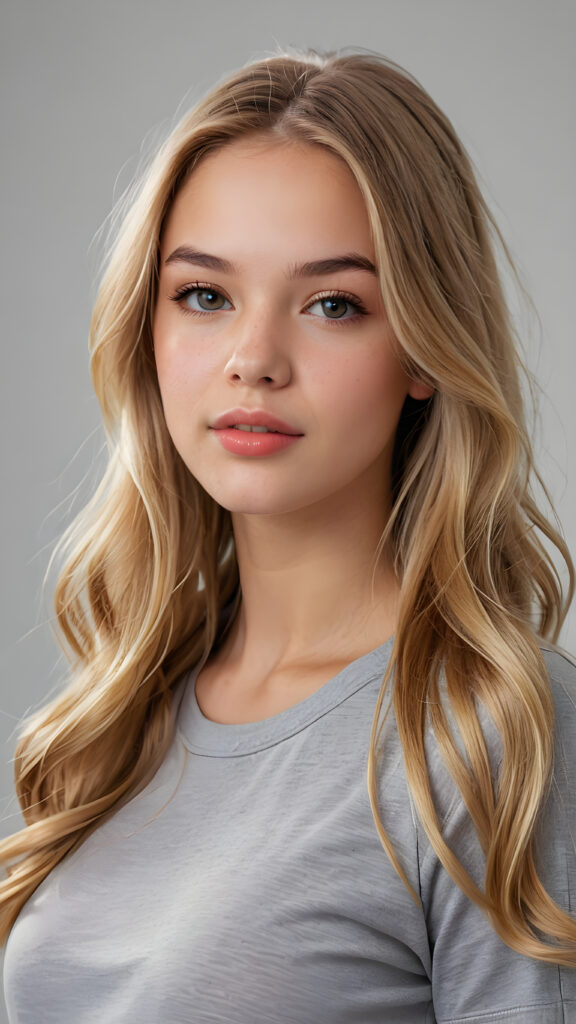 a realistic and detailed photo from a (((gorgeous stunning cute young perfectly curved american teenage girl))), with (((light brown-blonde very long soft jet hair))), featuring (((full lips))), and a (((small flawless round face))), wears a white thin short cropped t-shirt, ((grey background))