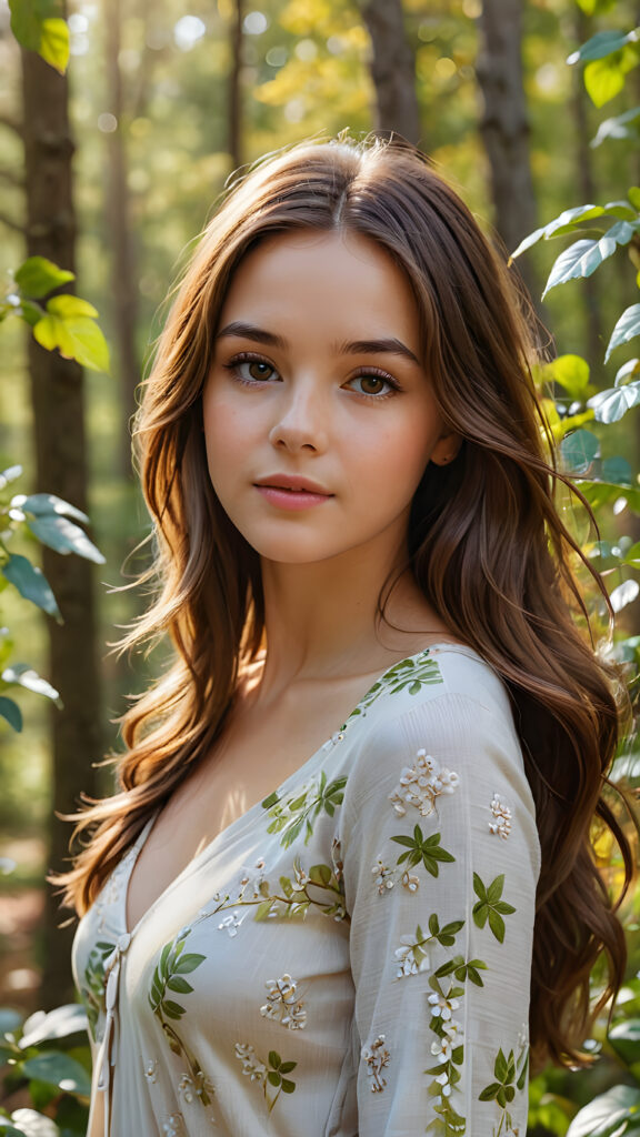 a (((realistic and detailed))) painting of a (((beautiful teenage girl with long brown hair))), engaged in a serene moment while standing through a sunny, wooded landscape full of vibrant foliage and a (softly detailed environment)