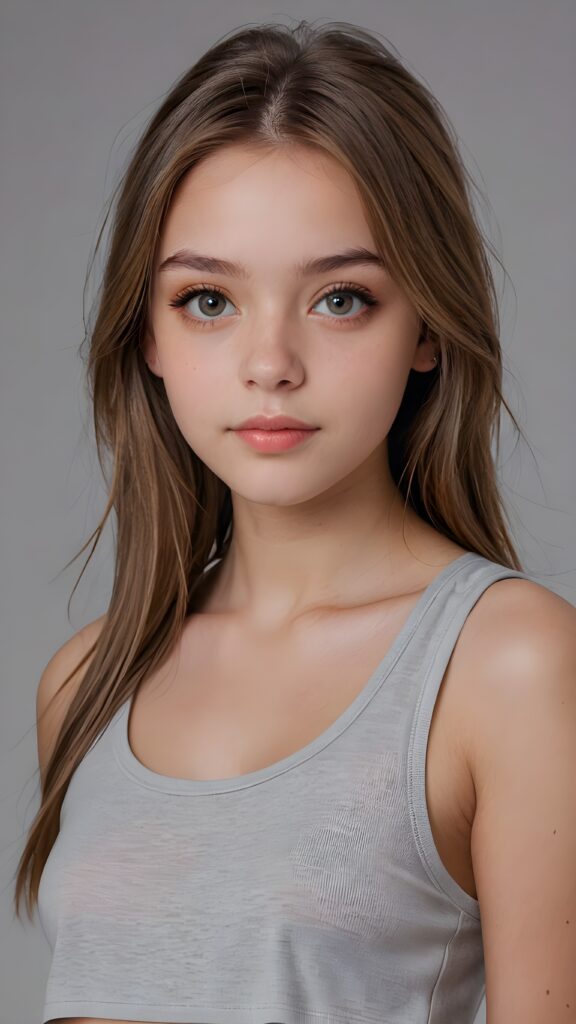 a (((realistic cute teen girl))), with straight soft long light brown hair, (full lips), and ((big amber eyes, round face)) that exude innocence, paired with a (short cropped tank top) that emphasizes her perfect body, (perfect skin), her figure is so perfectly proportioned that it defies reality, (((against a light grey backdrop))) ((upper body portrait))