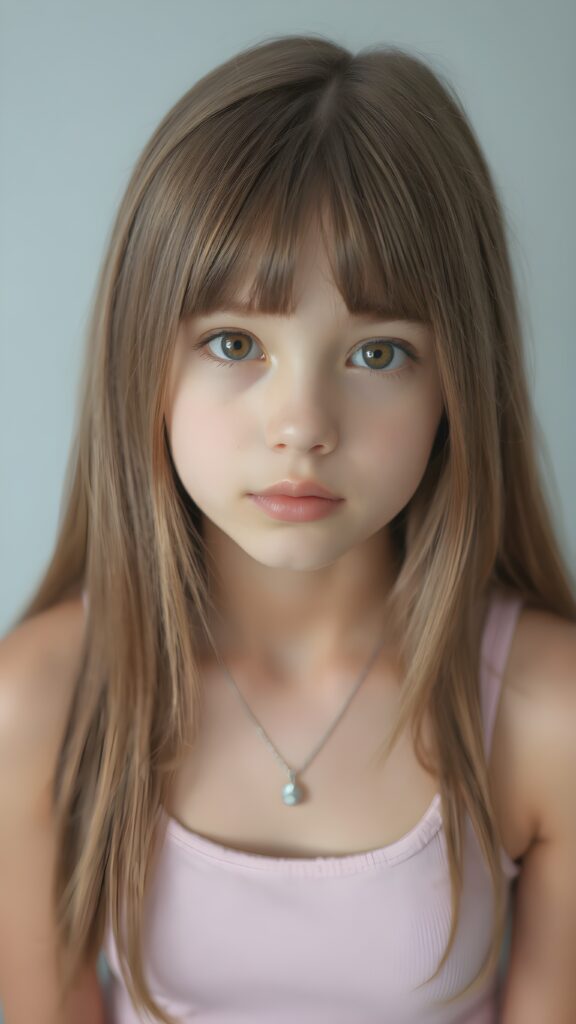 a (((realistic cute teen girl))), with straight soft long light brown hair, (full lips), and ((big amber eyes, round face)) that exude innocence, paired with a (short cropped tank top) that emphasizes her perfect body, (perfect skin), her figure is so perfectly proportioned that it defies reality, (((against a light grey backdrop))) ((upper body portrait))