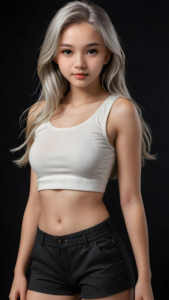 a (((realistic and detailed portrait))) of a stunning teen girl, 15 years old, dressed in a white sleek crop top that showcases her perfectly curved body with grey short pants and long, straight white hair framing an angelically round face, cast against a (((softly shadowed black backdrop))), highlighting every exquisite detail