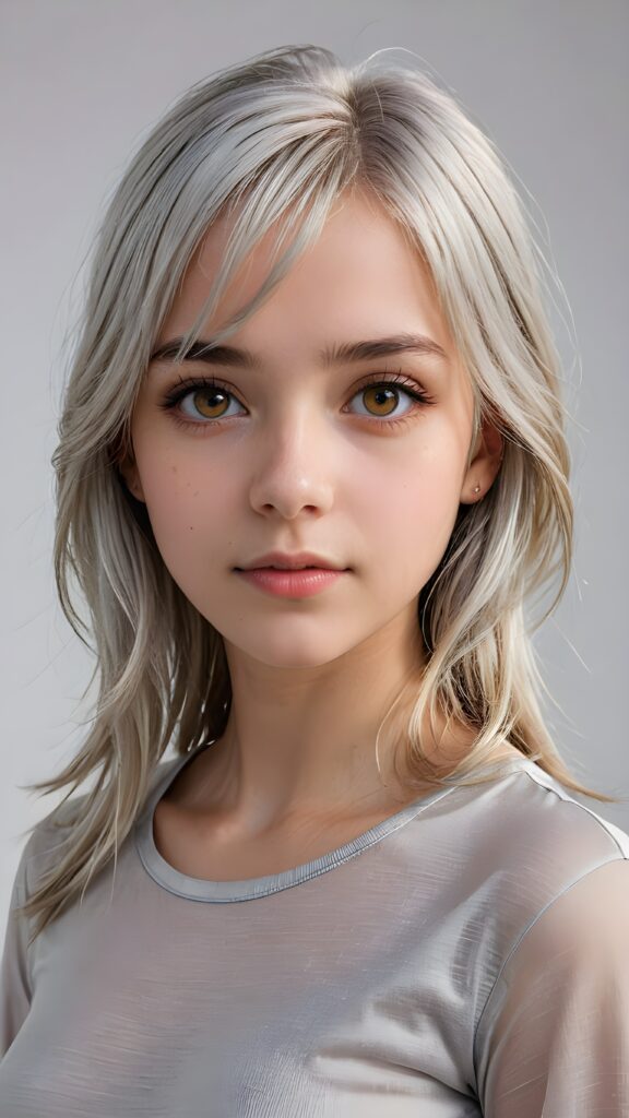 a realistic, cinematic lights, very cute teen girl, 13 years old, bangs haircut, detailed long straight soft (silver white) hair, realistic detailed angelic face, realistic detailed (amber) eye, looks at the camera, portrait shot, perfect curved, wears a super short tight grey t-shirt made of silk, perfect anatomy, white background, side perspective