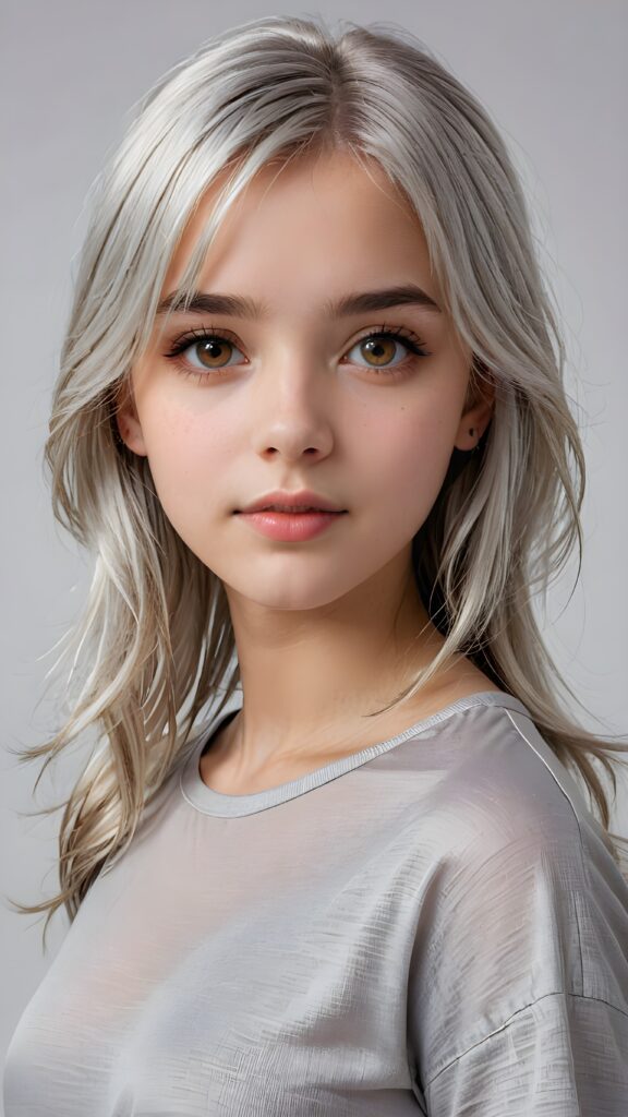 a realistic, cinematic lights, very cute teen girl, 13 years old, bangs haircut, detailed long straight soft (silver white) hair, realistic detailed angelic face, realistic detailed (amber) eye, looks at the camera, portrait shot, perfect curved, wears a super short tight grey t-shirt made of silk, perfect anatomy, white background, side perspective