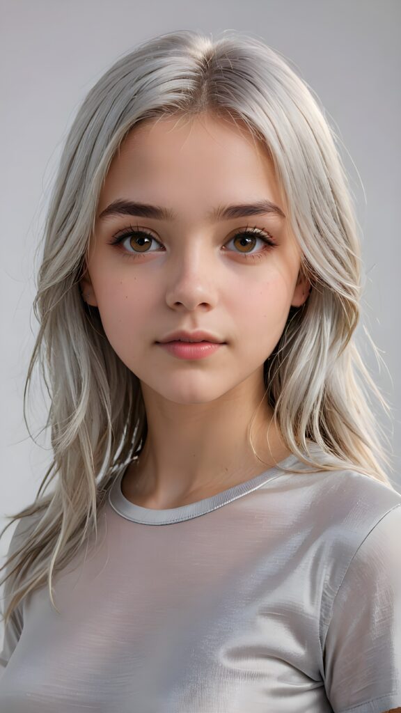 a realistic, cinematic lights, very cute teen girl, 13 years old, bangs haircut, detailed long straight soft (silver white) hair, realistic detailed angelic face, realistic detailed (amber) eye, looks at the camera, portrait shot, perfect curved, wears a super short tight grey t-shirt made of silk, perfect anatomy, white background, side perspective