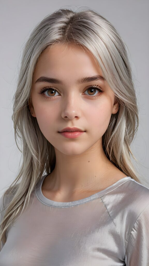 a realistic, cinematic lights, very cute teen girl, 13 years old, bangs haircut, detailed long straight soft (silver white) hair, realistic detailed angelic face, realistic detailed (amber) eye, looks at the camera, portrait shot, perfect curved, wears a super short tight grey t-shirt made of silk, perfect anatomy, white background, side perspective