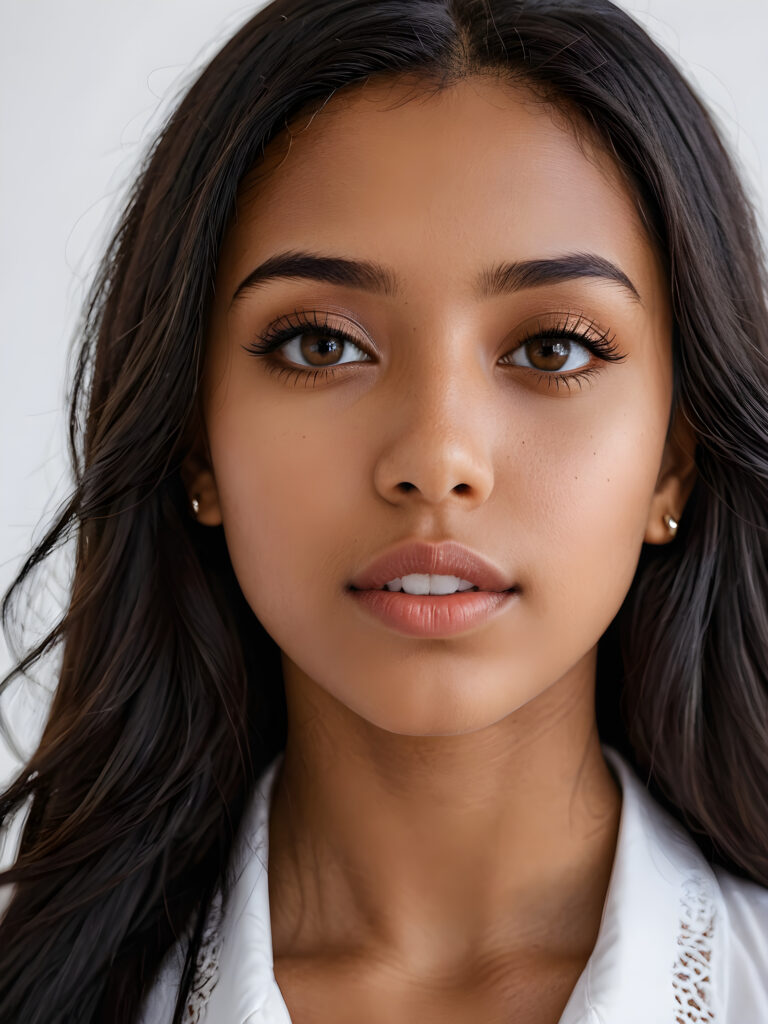 a realistic, detailed, dynamic photography from a beautiful young teen ((brown-skinned girl)), with ((detailed long soft black hair)), full kissable lips, looking into the camera, perfect detailed face, side view, ((close up portrait)), ((stunning)), ((gorgeous)), ((white background))