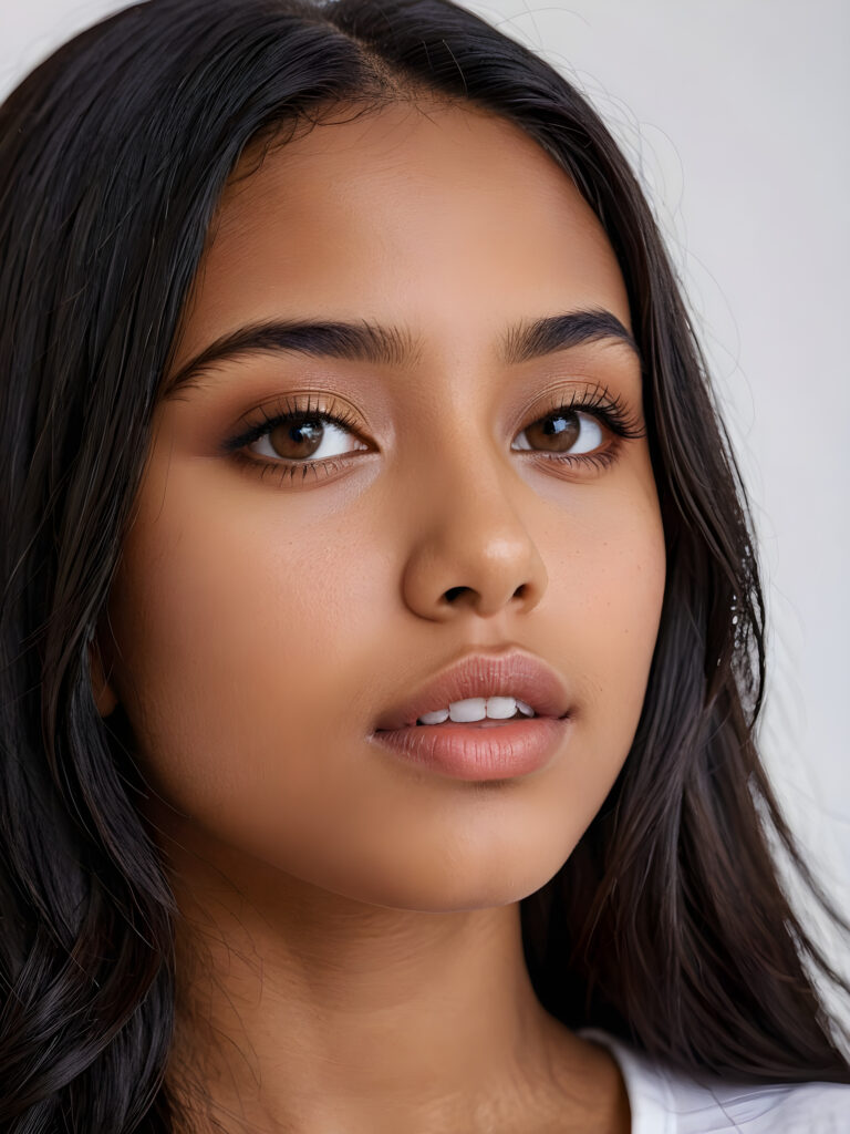 a realistic, detailed, dynamic photography from a beautiful young teen ((brown-skinned girl)), with ((detailed long soft black hair)), full kissable lips, looking into the camera, perfect detailed face, side view, ((close up portrait)), ((stunning)), ((gorgeous)), ((white background))