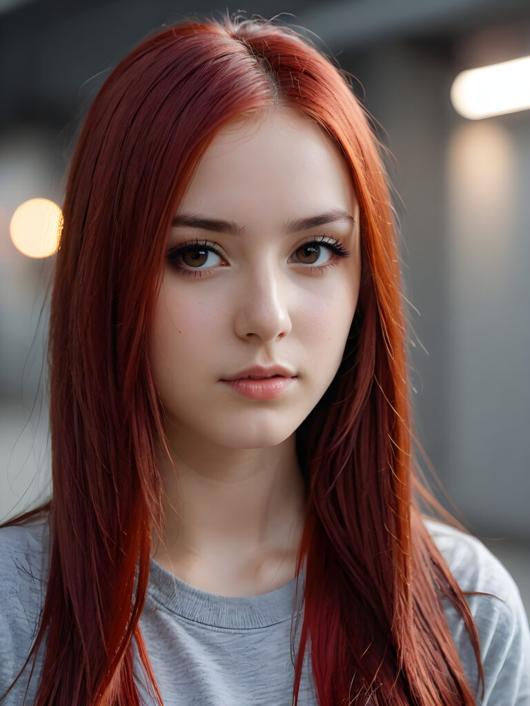 a realistic, detailed, dynamic photography from a beautiful young teen ((Emo girl)), with ((detailed red long soft straight hair)), looking into the camera, dynamic cinematic lights, perfect detailed face, side view, ((close up portrait)), ((stunning)), ((gorgeous)), ((grey background))