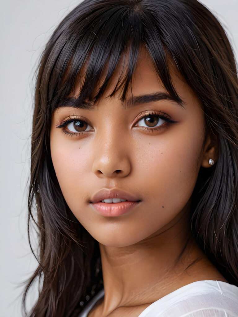 a realistic, detailed, dynamic photography from a beautiful young teen ((brown-skinned girl with flawless, soft skin)), with ((detailed long soft black hair, bangs)), full kissable lips, round eyes, round face, looking into the camera, perfect detailed face, ((close up portrait)), ((stunning)), ((gorgeous)), ((white background))