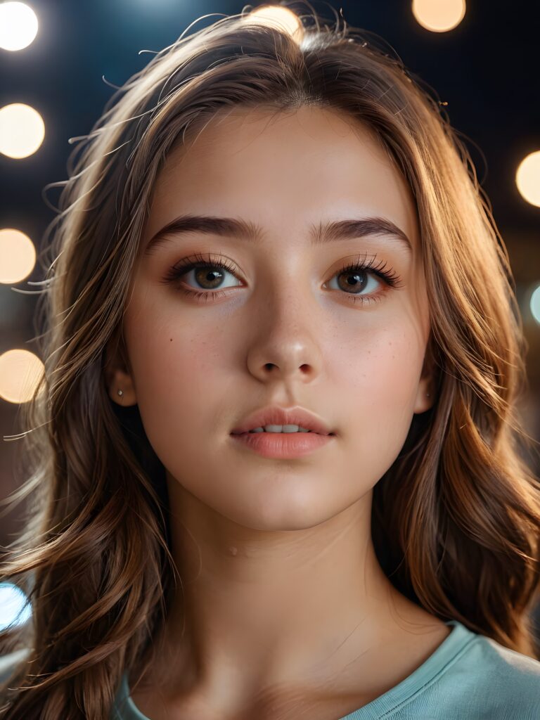 a realistic, detailed, dynamic photography from a beautiful young teen ((girl)), with detailed hair, looking into the camera, dynamic cinematic lights, perfect detailed face, side view, ((close up portrait)), ((stunning)), ((gorgeous))