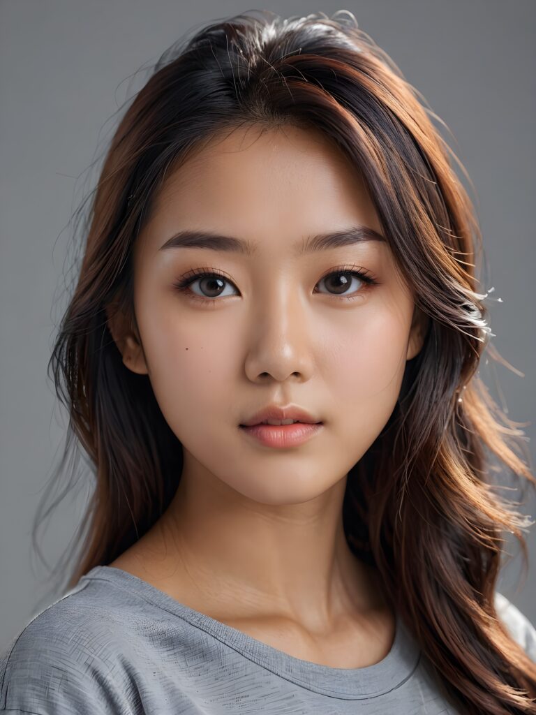 a realistic, detailed, dynamic photography from a beautiful young teen ((Asian girl)), with detailed hair, looking into the camera, dynamic cinematic lights, perfect detailed face, side view, ((close up portrait)), ((stunning)), ((gorgeous)), ((grey background))