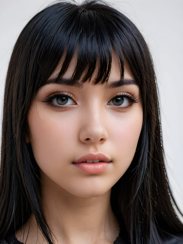 a realistic, detailed, dynamic photography from a beautiful young teen ((Emo girl)), with ((detailed obsidian long soft straight hair, bangs)), full kissable lips, looking into the camera, perfect detailed face, side view, ((close up portrait)), ((stunning)), ((gorgeous)), ((white background))