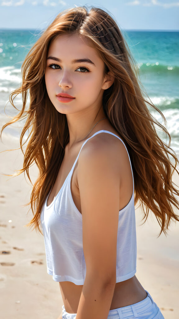 a realistic, detailed face, (((super cute))) (((petite))), (((teen girl))) with long, flowing (((amber super soft hair))), (((white crop tank top))), (((vividly drawn full kissable lips))), all against a backdrop of a (serene, sandy beach)