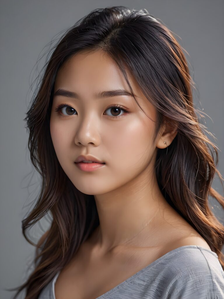 a realistic, detailed, dynamic photography from a beautiful young teen ((Asian girl)), with detailed hair, looking into the camera, dynamic cinematic lights, perfect detailed face, side view, ((close up portrait)), ((stunning)), ((gorgeous)), ((grey background))