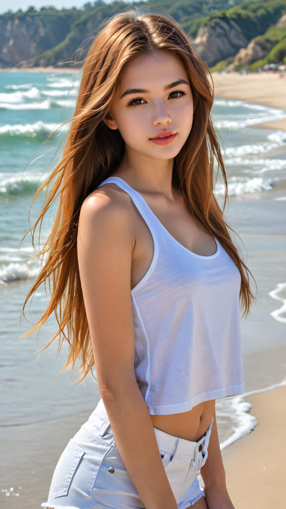 a realistic, detailed face, (((super cute))) (((petite))), (((teen girl))) with long, flowing (((amber super soft hair))), (((white crop tank top))), (((vividly drawn full kissable lips))), all against a backdrop of a (serene, sandy beach)