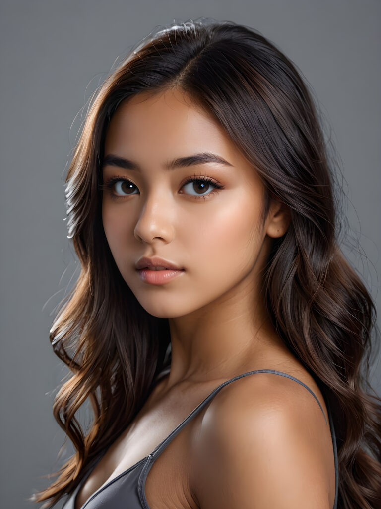 a realistic, detailed, dynamic photography from a beautiful young teen ((Exotic girl)), with detailed hair, looking into the camera, dynamic cinematic lights, perfect detailed face, side view, ((close up portrait)), ((stunning)), ((gorgeous)), ((grey background))