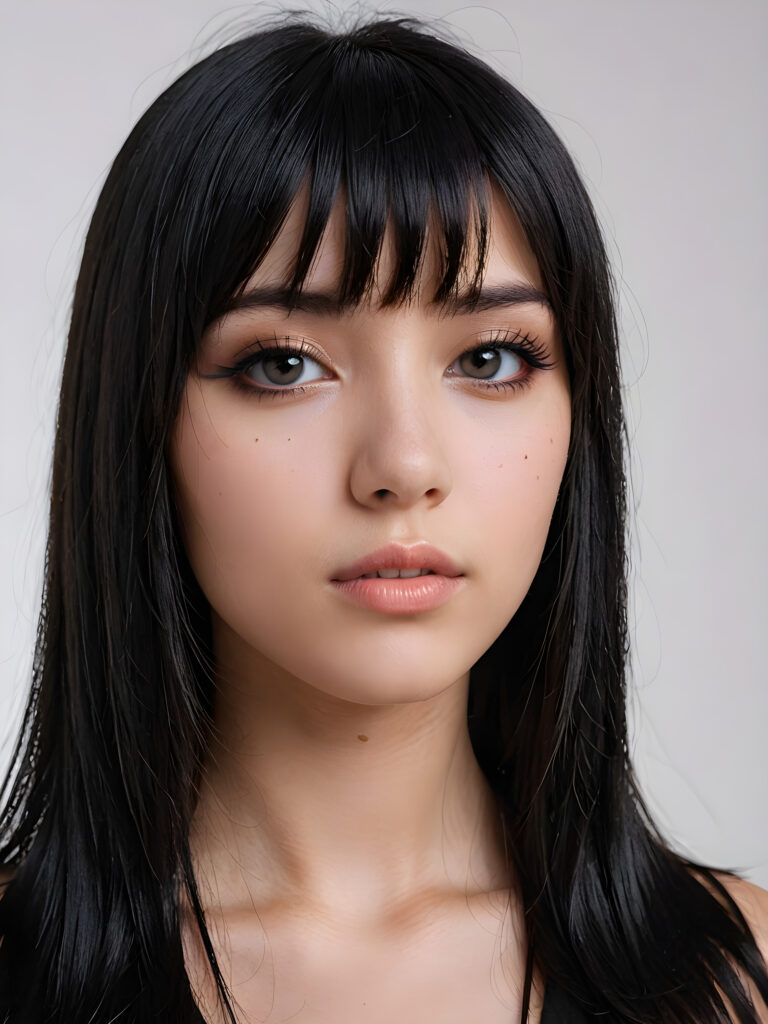 a realistic, detailed, dynamic photography from a beautiful young teen ((Emo girl)), with ((detailed obsidian long soft straight hair, bangs)), full kissable lips, looking into the camera, perfect detailed face, side view, ((close up portrait)), ((stunning)), ((gorgeous)), ((white background))