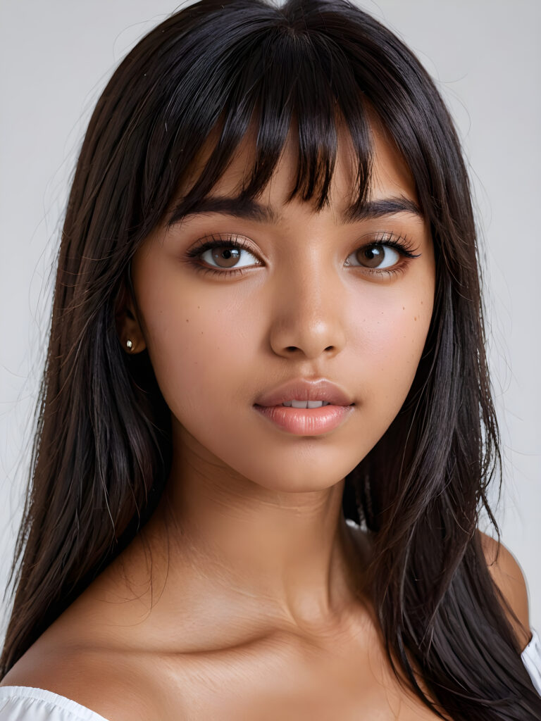 a realistic, detailed, dynamic photography from a beautiful young teen ((brown-skinned girl with flawless, soft skin)), with ((detailed long soft black hair, bangs)), full kissable lips, round eyes, round face, looking into the camera, perfect detailed face, ((close up portrait)), ((stunning)), ((gorgeous)), ((white background))