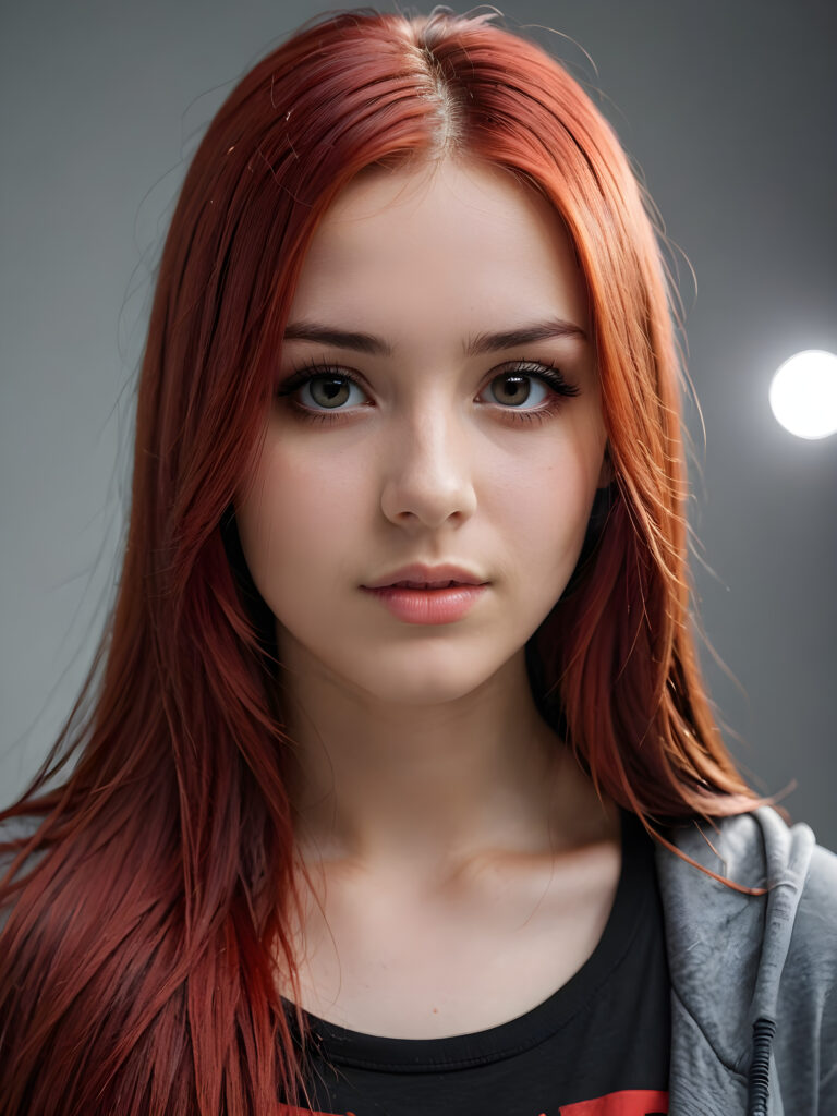 a realistic, detailed, dynamic photography from a beautiful young teen ((Emo girl)), with ((detailed red long soft straight hair)), looking into the camera, dynamic cinematic lights, perfect detailed face, side view, ((close up portrait)), ((stunning)), ((gorgeous)), ((grey background))