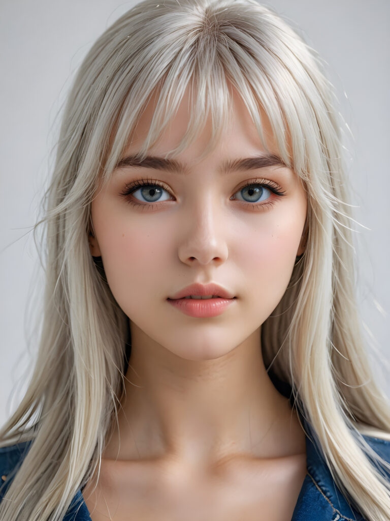 a realistic, detailed, dynamic photography from a beautiful young teen ((silver-skinned girl with flawless, soft skin)), with ((detailed long soft white hair, bangs)), full kissable lips, round eyes, round face, looking into the camera, perfect detailed face, ((close up portrait)), ((stunning)), ((gorgeous)), ((white background))