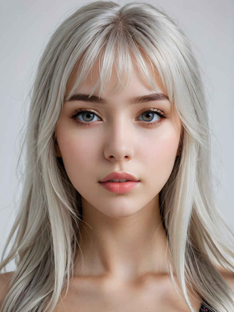 a realistic, detailed, dynamic photography from a beautiful young teen ((silver-skinned girl with flawless, soft skin)), with ((detailed long soft white hair, bangs)), full kissable lips, round eyes, round face, looking into the camera, perfect detailed face, ((close up portrait)), ((stunning)), ((gorgeous)), ((white background))