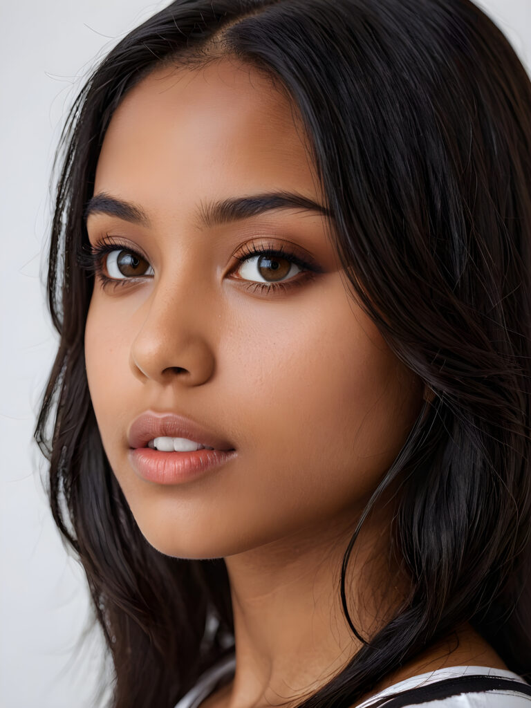 a realistic, detailed, dynamic photography from a beautiful young teen ((brown-skinned girl)), with ((detailed long soft black hair)), full kissable lips, looking into the camera, perfect detailed face, side view, ((close up portrait)), ((stunning)), ((gorgeous)), ((white background))