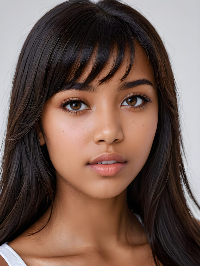 a realistic, detailed, dynamic photography from a beautiful young teen ((brown-skinned girl with flawless, soft skin)), with ((detailed long soft black hair, bangs)), full kissable lips, round eyes, round face, looking into the camera, perfect detailed face, ((close up portrait)), ((stunning)), ((gorgeous)), ((white background))