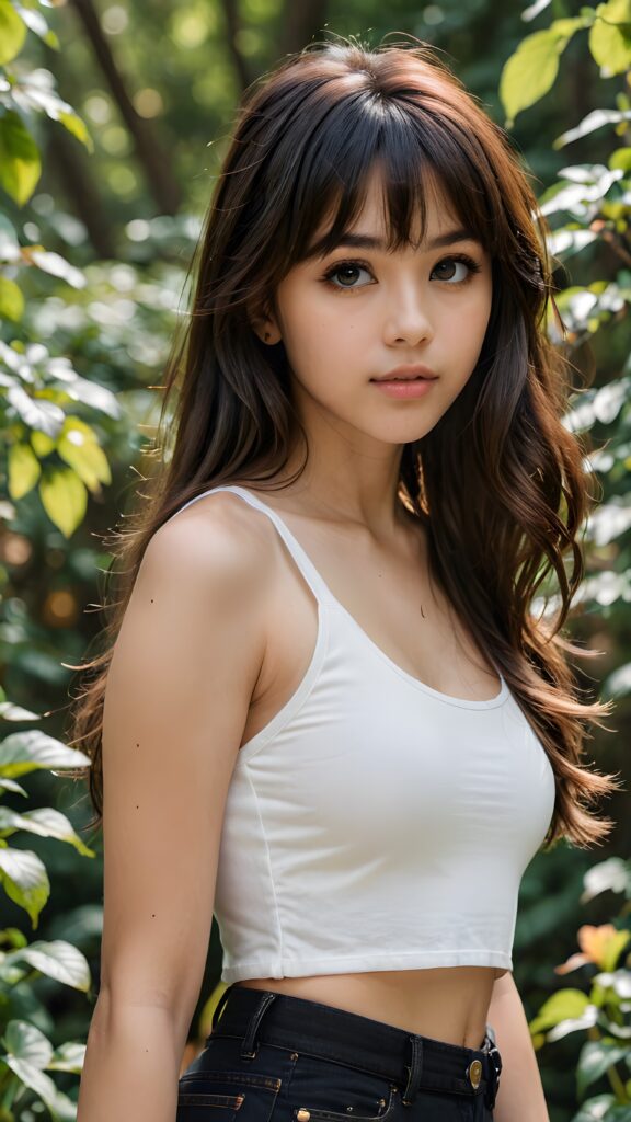 a (((realistic photograph))), capturing a (((ultra detailed dark brown long hair with cute bangs))), ((realistic brown eye)) looks sadly at the camera, (((natural spring backdrop))), ((profile view)) of a (((cute teenage model girl))), (((white crop tank top))), ((short black jeans))