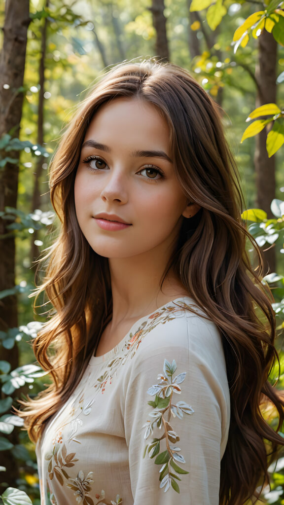 a (((realistic and detailed))) painting of a (((beautiful teenage girl with long brown hair))), engaged in a serene moment while standing through a sunny, wooded landscape full of vibrant foliage and a (softly detailed environment)