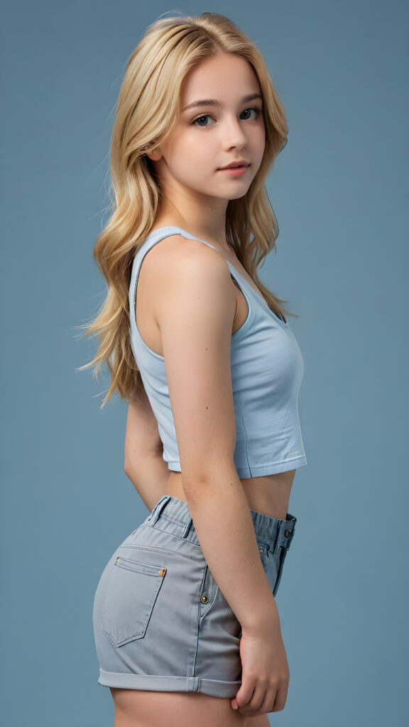 a (((realistic and detailed portrait))) of a 14-year-old white-skinned teen girl, a perfect curves-fitting body, (((short pants))) and ((grey super short crop tank top)), an angelic (((round face))), (((soft long straight sommer blond hair, her hair reaches down to her waist))), and an (((light blue background))) as a (side view)