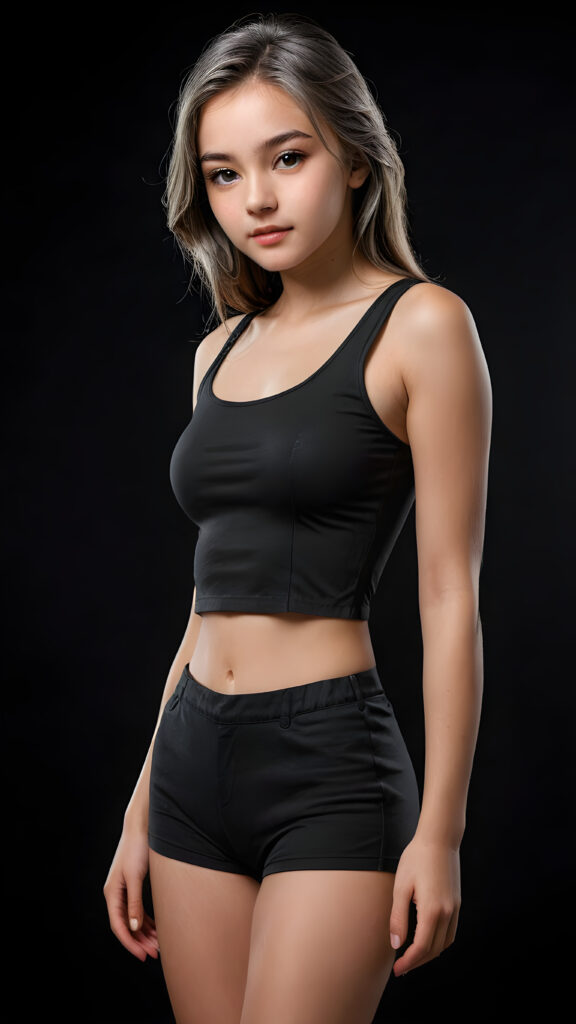 a (((realistic and detailed portrait))) of a stunning young top model teen girl, dressed in a sleek crop top that showcases her perfectly curved body with short pants and long, flowing grey hair framing an angelically round face, cast against a (((softly shadowed black backdrop))), highlighting every exquisite detail