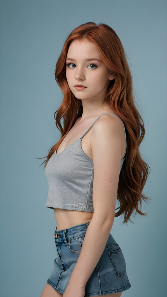 a (((realistic photo))) showcasing a (((beautiful young girl, 15 years old))), with meticulously drawn long, straight auburn red (((soft hair))), and a sleekly perfect curved and detailed figure in a (((short, grey crop top))), paired with a (short pants) ((light blue backdrop)) ((side view))