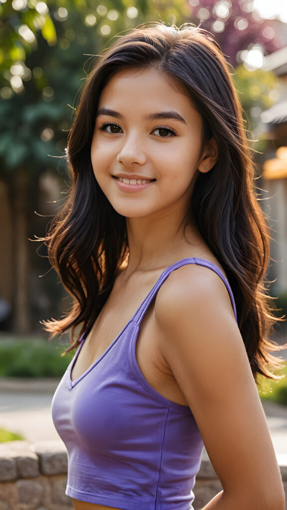 a (((realistic and detailed photo))), capturing a (((cute, attractive, gorgeous, stunning teen girl))) with a super short, tight, deep v-neck, plain violet cropped tank top made of fine detailed cotton, ((curved body)), (very long straight jet soft dark hair), warm smile, sunny backdrop