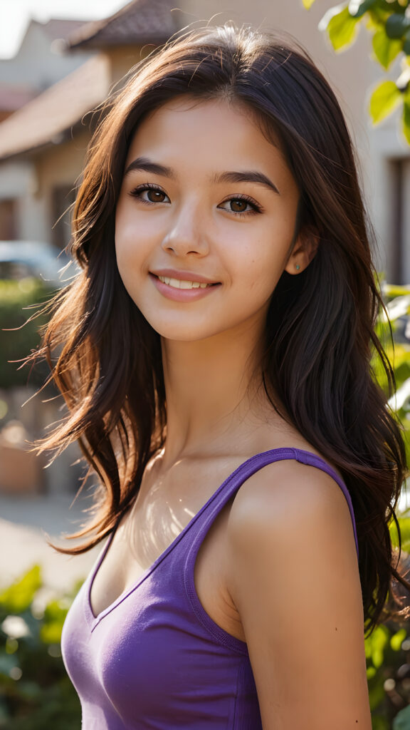 a (((realistic and detailed photo))), capturing a (((cute, attractive, gorgeous, stunning teen girl))) with a super short, tight, deep v-neck, plain violet cropped tank top made of fine detailed cotton, ((curved body)), (very long straight jet soft dark hair), warm smile, sunny backdrop