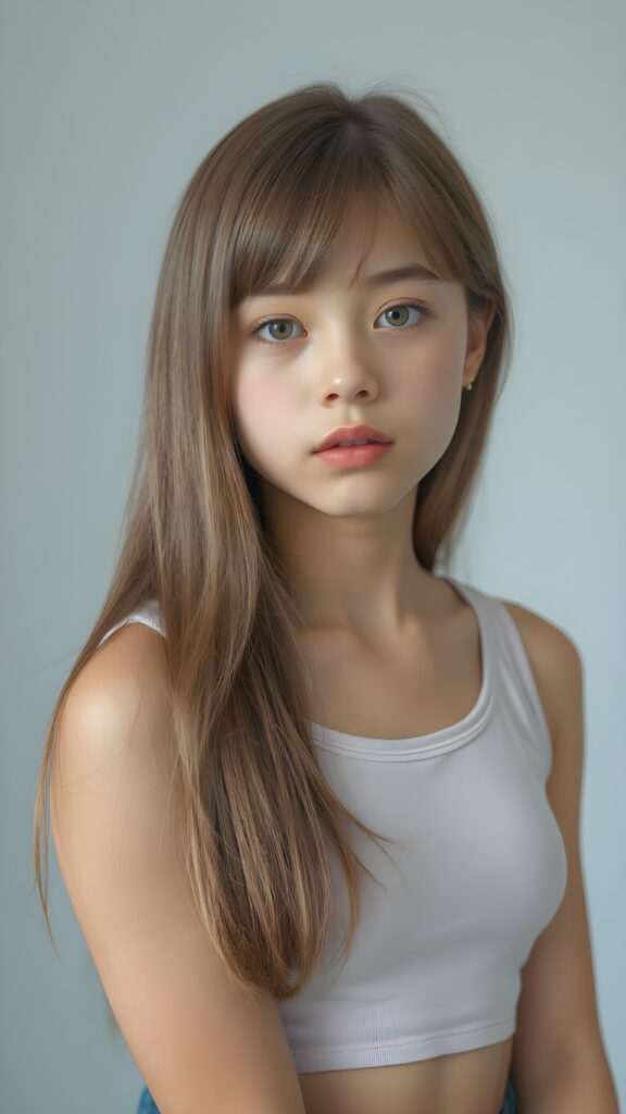 a (((realistic cute teen girl))), with straight soft long light brown hair, (full lips), and ((big amber eyes, round face)) that exude innocence, paired with a (short cropped tank top) that emphasizes her perfect body, (perfect skin), her figure is so perfectly proportioned that it defies reality, (((against a light grey backdrop))) ((upper body portrait))