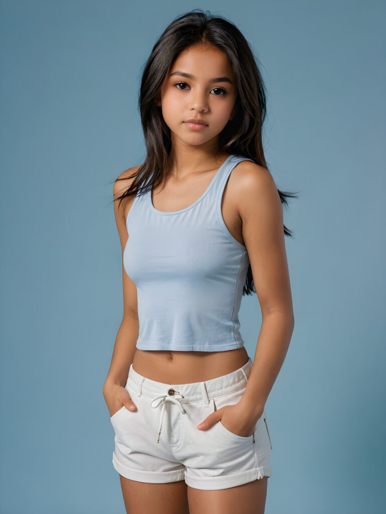 a (((realistic and detailed portrait))) of a 14-year-old brown-skinned Exotic teen girl, a perfect curves-fitting body, (((white short pants))) and ((grey super short crop tank top)), an angelic (((round face))), (((soft long straight dark hair, her hair reaches down to her waist))), and an (((light blue background))) as a (side view)